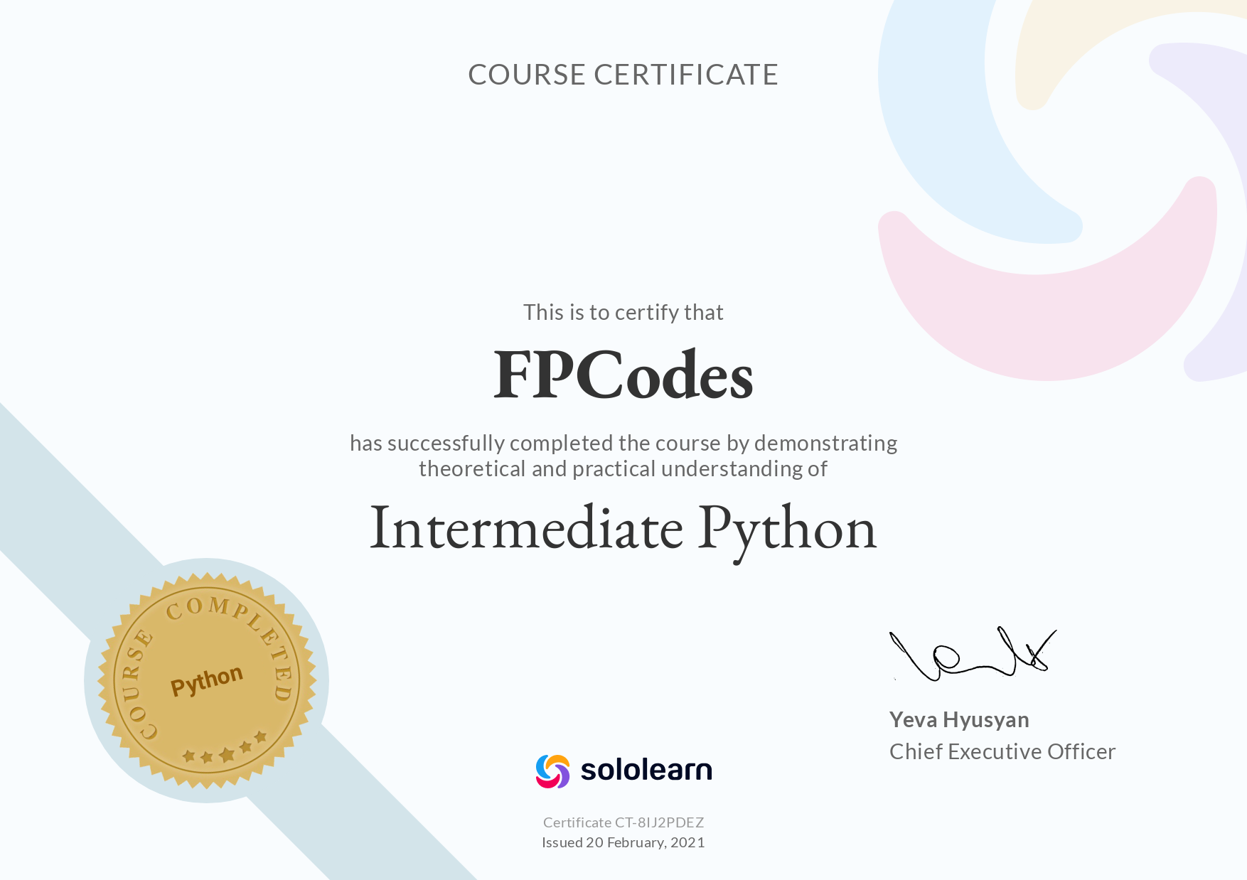 Sololarn Intermediate Python certificate